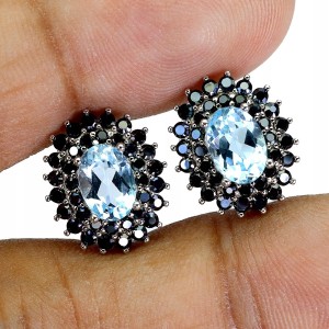 1 Srebrne delikatne kolczyki naturalne topazy sky blue czarne spinele