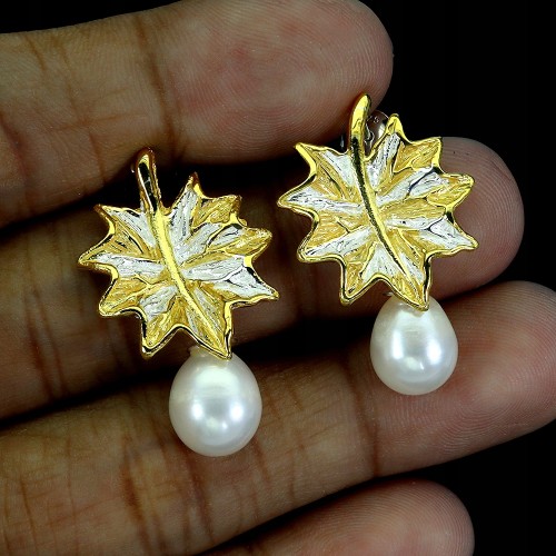 Srebrne eleganckie kolczyki 925 naturalne perły liść 1