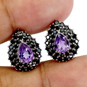 1 Kolczyki eleganckie srebrne naturalne czarne spinele ametysty