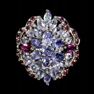 925 Pierścionek srebrny elegancki naturalne rodolity granaty tanzanity r 19
