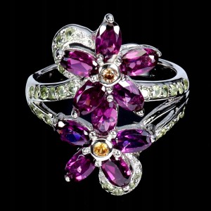 Pierścionek kwiaty r 15.5 naturalne granaty rodolity oliwiny szafiry Songea