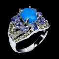 925 Elegancki pierścionek naturalny niebieski opal tanzanity szafiry r 16