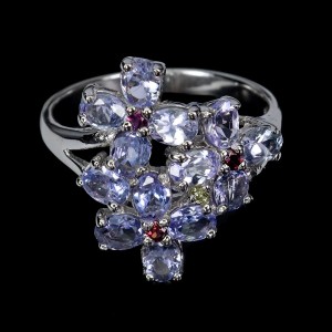 Pierścionek srebrny naturalne rodolity granaty tanzanity szafir kwiat r 16