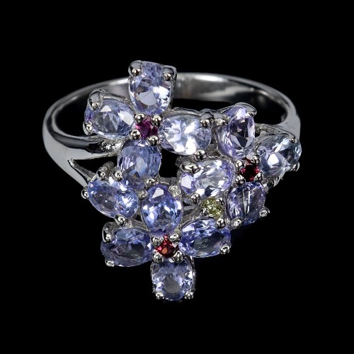 Pierścionek srebrny naturalne rodolity granaty tanzanity szafir kwiat r 16