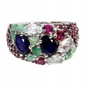 925 Piękny pierścionek naturalne granaty szmaragdy iolity akwamaryny r 17