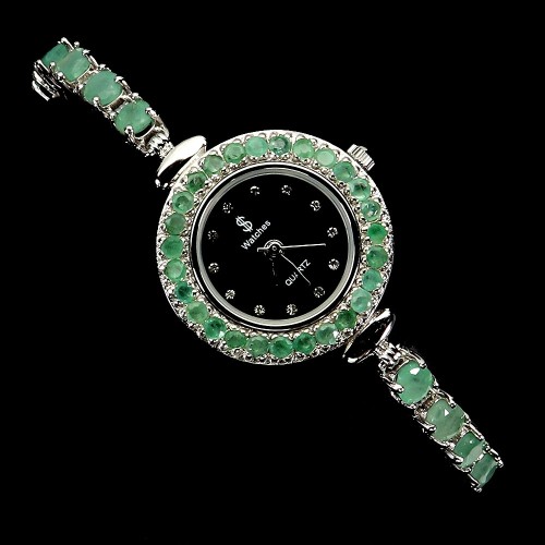 Srebrny elegancki zegarek bransoletka naturalne szmaragdy 925