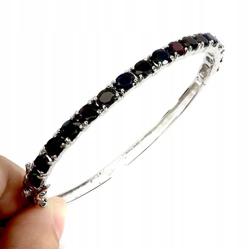 925 Srebrna bransoletka piękna elegancka opale czarne naturalne