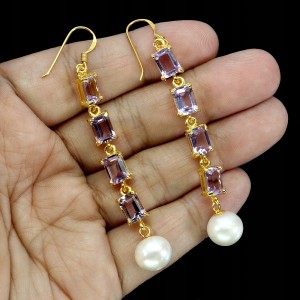 Srebrne 925 wiszące zjawiskowe kolczyki naturalne ametysty perły 3