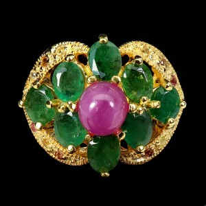 Pierścionek srebrny elegancki natural szmaragdy rubin szafiry Songea r 16.5