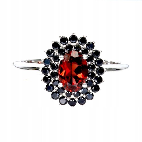 Pierścionek elegancki srebrny naturalny granat czarne spinele r 14 925