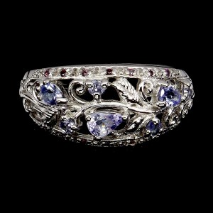 Pierścionek srebrny naturalne rodolity granaty tanzanity r 17 elegancki