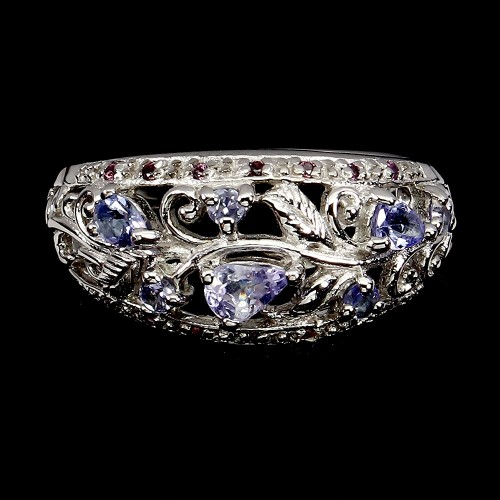 Pierścionek srebrny naturalne rodolity granaty tanzanity r 17 elegancki