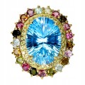 Piękny srebrny pierścionek r 19.5 naturalne turmaliny 28ct topaz swiss blue