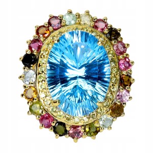 Piękny srebrny pierścionek r 19.5 naturalne turmaliny 28ct topaz swiss blue