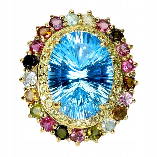 Piękny srebrny pierścionek r 19.5 naturalne turmaliny 28ct topaz swiss blue