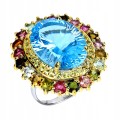 Piękny srebrny pierścionek r 19.5 naturalne turmaliny 28ct topaz swiss blue