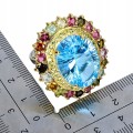Piękny srebrny pierścionek r 19.5 naturalne turmaliny 28ct topaz swiss blue