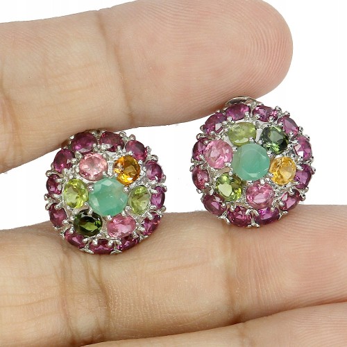 Srebrne eleganckie kolczyki natural turmaliny granaty rodolity szmaragdy 2