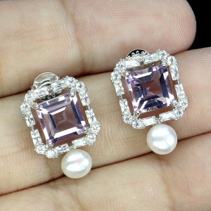 925 Kolczyki srebrne piękne eleganckie naturalne ametysty perły 2