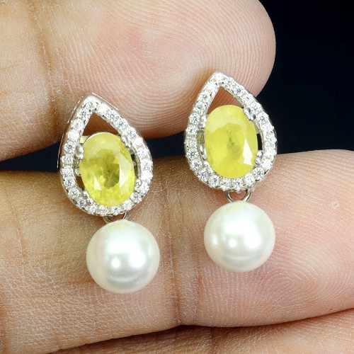 Srebrne delikatne eleganckie kolczyki natural szafiry żółte masa perłowa 2