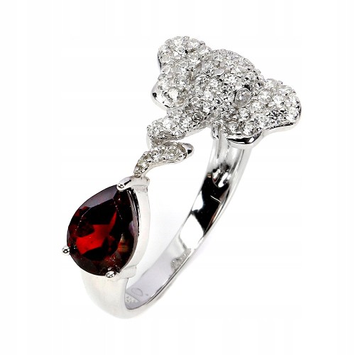 Srebrny delikatny pierścionek r 17 naturalny granat cyrkonie słoń