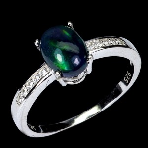925 Pierścionek srebrny delikatny naturalny czarny opal cyrkonie r 15