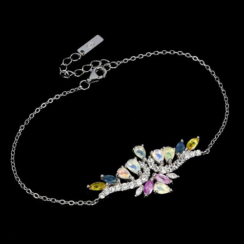 Bransoletka srebrna delikatna naturalne opale ogniste szafiry 925 cyrkonie