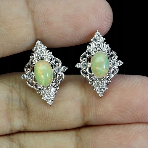 Srebrne eleganckie kolczyki 925 naturalne ogniste opale białe topazy 2