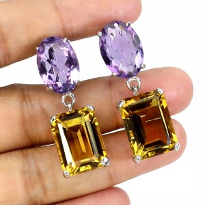 Zjawiskowe srebrne 925 kolczyki naturalne okazałe ametysty cytryny 33ct 2