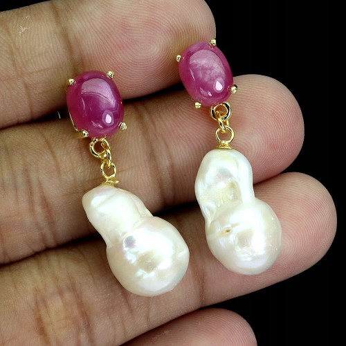 925 Kolczyki eleganckie srebrne naturalne perły barokowe rubiny 2