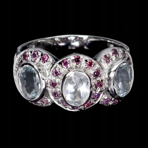 Pierścionek srebrny elegancki naturalne granaty rodolity akwamaryny r 15