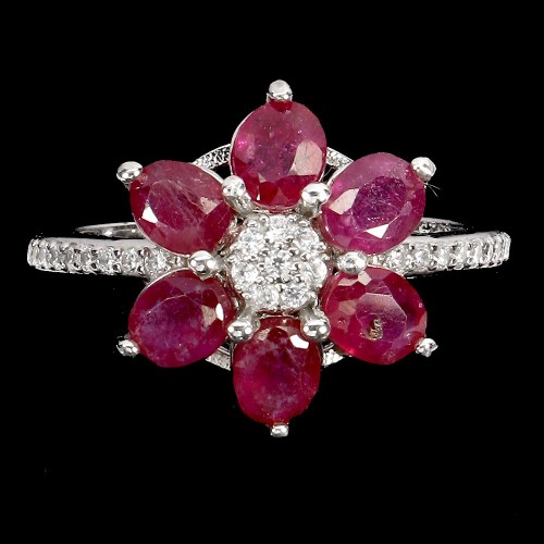 Pierścionek r 16 elegancki srebrny naturalne rubiny cyrkonie kwiat