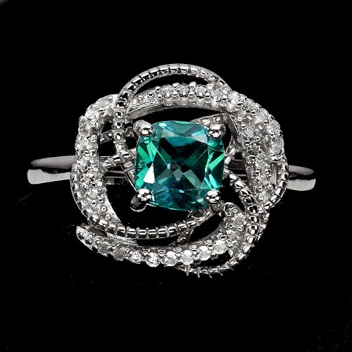 Pierścionek srebrny elegancki naturalny zielony topaz białe topazy r 17