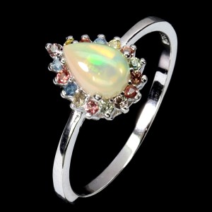 Delikatny srebrny pierścionek r 17 naturalny ognisty opal szafiry Songea