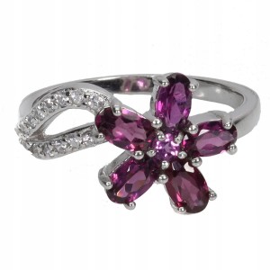 Pierścionek delikatny srebrny naturalne rodolity granaty kwiat r 16