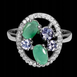 Srebrny elegancki pierścionek r 14 szmaragdy tanzanity naturalne