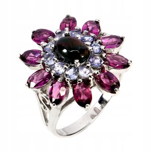 Srebrny elegancki pierścionek naturalny opal czarny granaty tanzanity r 14