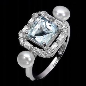 Pierścionek delikatny elegancki naturalny akwamaryn cyrkonie perły r 14 925