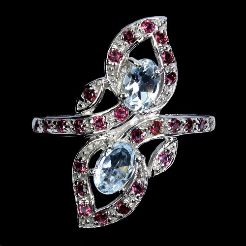 Pierścionek srebrny elegancki naturalne granaty rodolity akwamaryny r 19.5