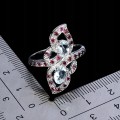 Pierścionek srebrny elegancki naturalne granaty rodolity akwamaryny r 19.5