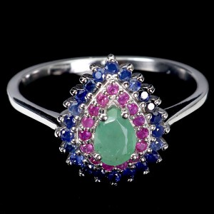 Pierścionek delikatny elegancki naturalne szafiry szmaragd rubiny r 15