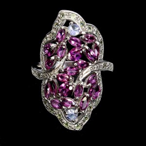 925 Pierścionek srebrny elegancki naturalne rodolity granaty tanzanity r 17