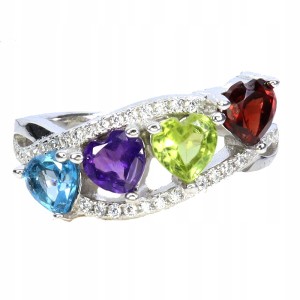 925 Pierścionek elegancki naturalny ametyst topaz oliwin granat serce r 14