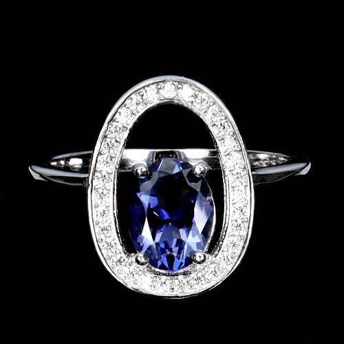 925 Srebrny elegancki delikatny pierścionek naturalny iolit cyrkonie r 14