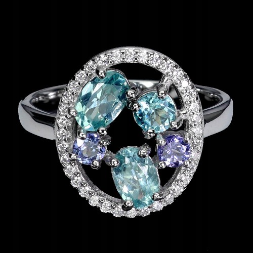 Srebrny elegancki pierścionek r 16 apatyty neon tanzanity naturalne