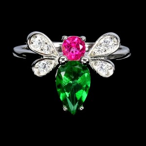 Srebrny delikatny pierścionek r 12 różowy i zielony topaz cyrkonie owad
