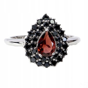 Pierścionek 925 elegancki srebrny naturalny granat czarne spinele r 14