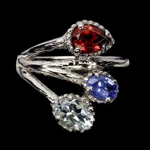 Pierścionek elegancki zjawiskowy naturalny granat tanzanit akwamaryn r 16