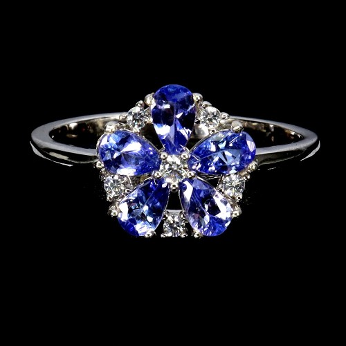 Pierścionek delikatny naturalne tanzanity srebrny elegancki kwiat r 14.5