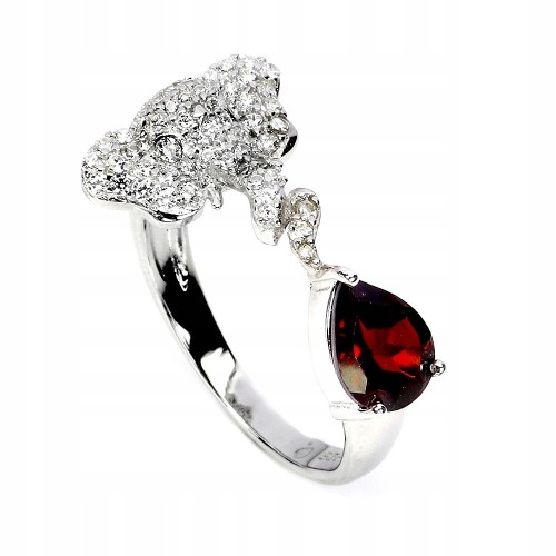 Srebrny delikatny pierścionek r 14.5 naturalny granat cyrkonie słoń